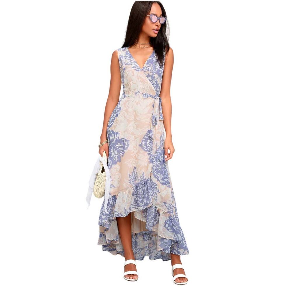 NWT Lulus Desert Trip Peach Floral Print High Low Wrap Maxi Dress Size Small